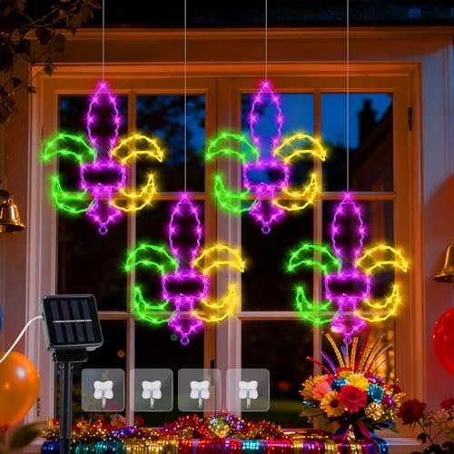 Huquary 4 Pcs Solar Mardi Gras Lights with Stake Yellow Green Purple Window Decor Fleur De Lis Outdoor LED String Lights with Solar Stake & 4 Hooks Lighting Decor for Carnival Yard Garden Home Party by Huquary