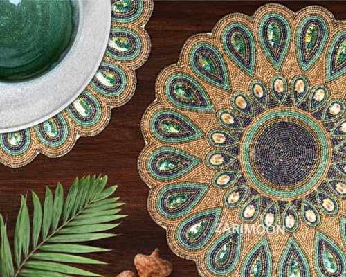 Set of 2 Handmade Beaded placemat, Green Peacock Feather Round Table mat Centerpiece Table Decor House Warming Decoration Gift for her, Charger Plate ZARIMOON - Image 4