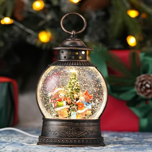Christmas Snow Globes Lantern, Winter Scene with Highland Cow Christmas Tree, Musical Snowglobe with LED Lights & 6h Timer Swirling Glitter Holiday Decortaions Gifts, USB/Battery Powered by PestiLite