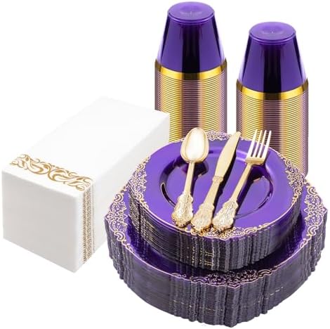 Bestluck 175PCS Clear Purple Plastic Plates for 25 Guests by Bestluck
