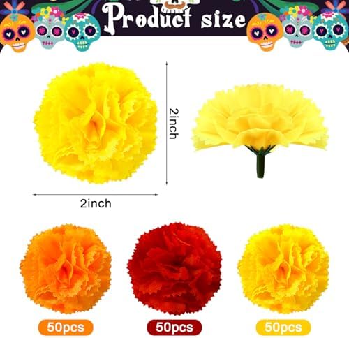 Rainmae 150pcs Marigold Flower Heads Bulk, Yellow Red Orange Silk Marigold Flowers Artificial for Diwali Home Decoration DIY Wreath Garland, Day of The Dead Halloween Artificial Flowers, 2 Inch - Image 2