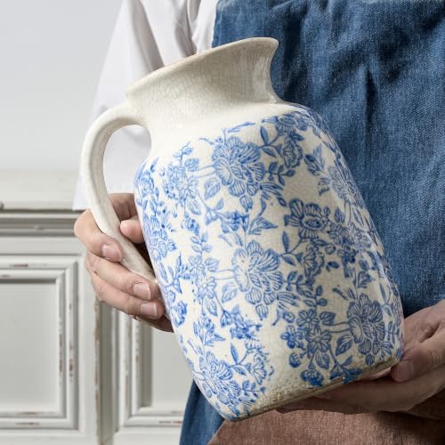 Ceramic Vintage Vase Flower Decorative Vase Chinoiserie Decor Rustic Farmhouse Retro Floral Vases for Table Bookshelf Mantel Kitchen Living Room Office - 9.5" Blue - Image 3