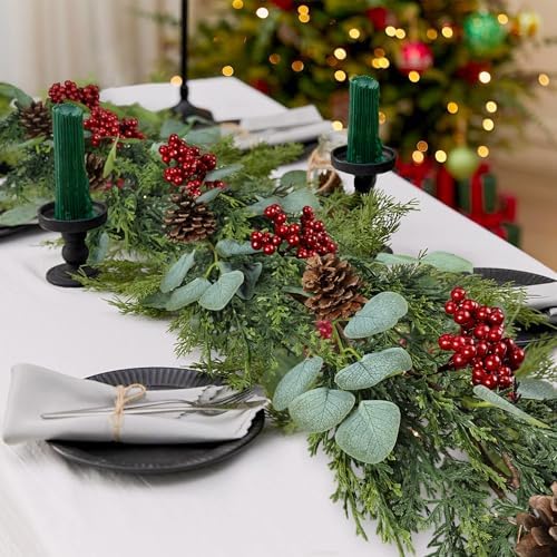 6FT Christmas Garland with Lights Artificial Pine Cypress Eucalyptus Garland with Red Berries Christmas Tips Cedar Garlands,Christmas Decorations Holiday Indoor Outdoor Winter Garland - Image 2