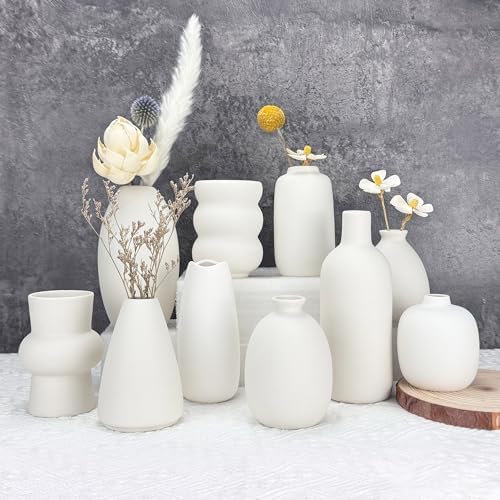 White Vases Set of 10, Small Ceramic Flower Vases Bulk Bud Vases for Wedding Table Centerpieces Decor Pampas Grass Modern Boho Home Party Decor DIY Gift by XunsigaPremiumGlassware