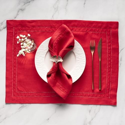 Linen Napkins Red Set of 4, Embroidered Dot and Hemstitch, 18 x 18 Inch - Image 6