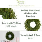 Nearly Natural 24 in Artificial Long Pine Wreath with 35 Clear LED Lights - Image 4