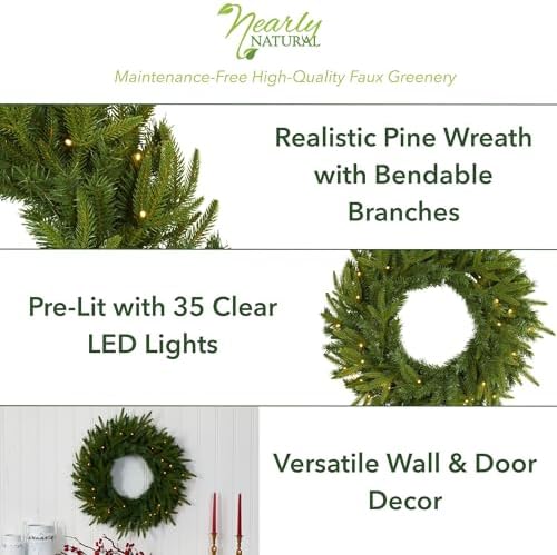Nearly Natural 24 in Artificial Long Pine Wreath with 35 Clear LED Lights - Image 4