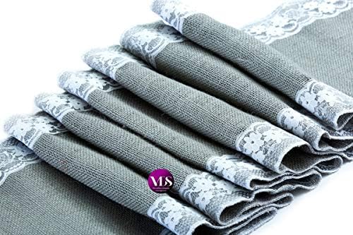 VDS Pack of 5, Burlap Table Runner with White Lace Edge, 100% Natural Jute Rustic Hessian Table Cloth Centerpiece for Wedding Birthday Party Banquet Table Decoration (Size 12X108 Inch)(Silver Grey) - Image 2