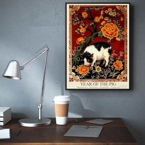 Chinese Lunar Year of the Pig Art Print – Traditional Red Oriental Home Decor Posters with Orange Peony Pattern for Lunar New Year Wall Art 24X36 in Black Framed - Image 6