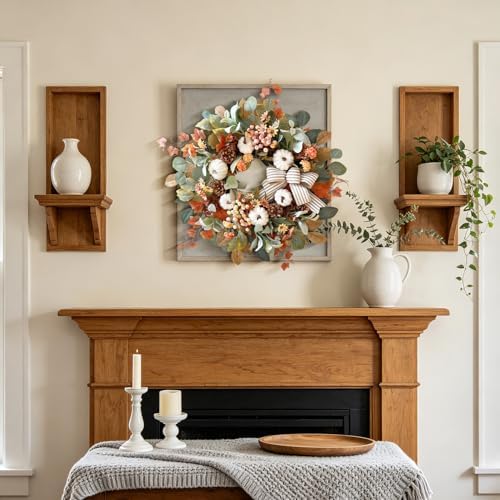 WANNA-CUL 24 Inch Farmhouse Fall Wreath for Front Door with White Pumpkin - Image 3