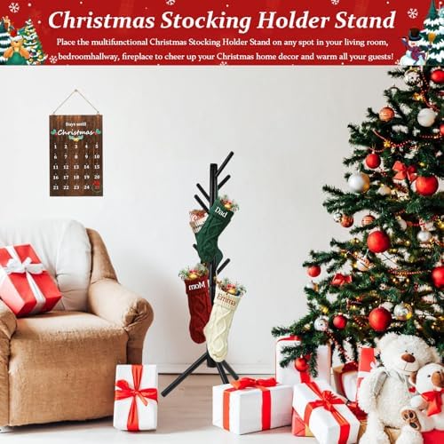 Christmas Stocking Holder Stand, Wooden Christmas Hangers Stand for Hanging Christmas Stocking, 8 Hooks Black - Image 2