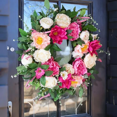 24 Inch Spring Summer Wreaths for Front Door Outside with Peony & Rose - Image 5