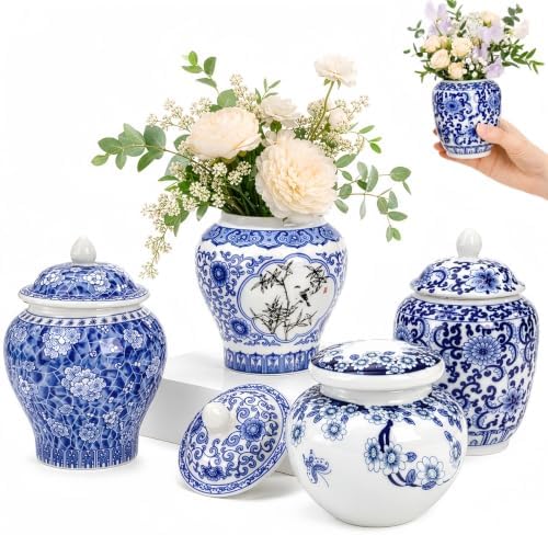 Tlence 4 Pack Small Blue and White Vases, Ceramic Chinoiserie Ginger Jars with Lid, Tiny Chinese Traditional Floral Vase, Mini Decorative Tea Storage for Home Bedroom Table Shelf Tabletop by Tlence