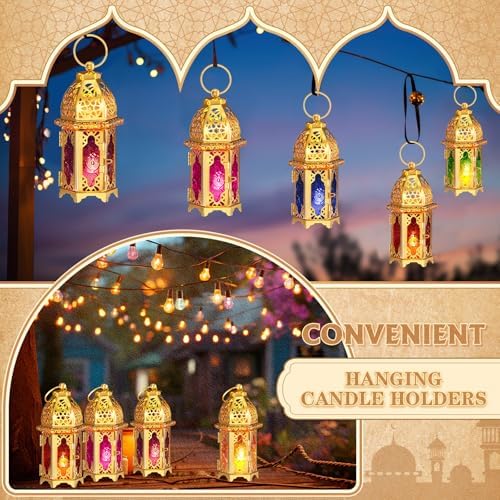Mumufy 6 Pcs Moroccan Lanterns Ramadan Lantern Eid Mubarak Decoration,Gold - Image 6