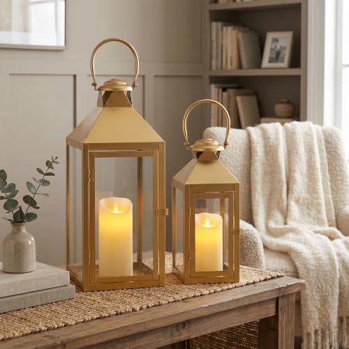 JHY DESIGN Set of 2 Gold Decorative Candle Lanterns 17.5"&13.5" H Metal Hanging Candle Holders for Indoor Outdoor Home Decor Paritie Wedding Ramadan by JHYDESIGN