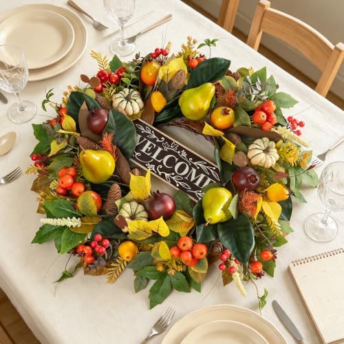 24 Inch Fall Wreaths for Front Door, Autumn Harvest Wreath with Pears - Image 7