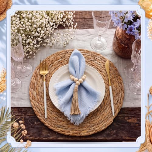 Fanfanwin Set of 6 Boho Woven Placemats with Light Blue Napkins, 13 in - Image 4