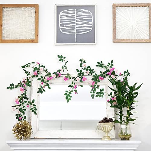 FiveSeasonStuff Fuchsia Pink Wild Rose Vine Garland, Two Faux Silk Floral Garlands with Greenery, Bendable Decorative Vines 12 ft Total - Image 3