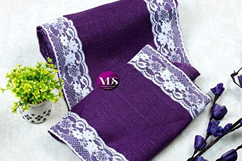 VDS Pack of 20, Burlap Table Runner with White Lace Edge, 100% Natural Jute Rustic Hessian Table Cloth Centerpiece for Wedding Birthday Party Banquet Table Decoration (Size 12X108 Inch)(Purple) - Image 6