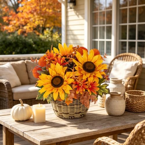 9.8" Artificial Sunflower Fall Arrangement with Woven Basket Centerpiece - Image 6