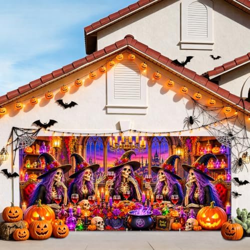 7x16FT Halloween Witch Garage Door Banner Skeleton Witch Happy Hallowen Garage Door Cover Decoration for Hallowen Decoration - Image 2