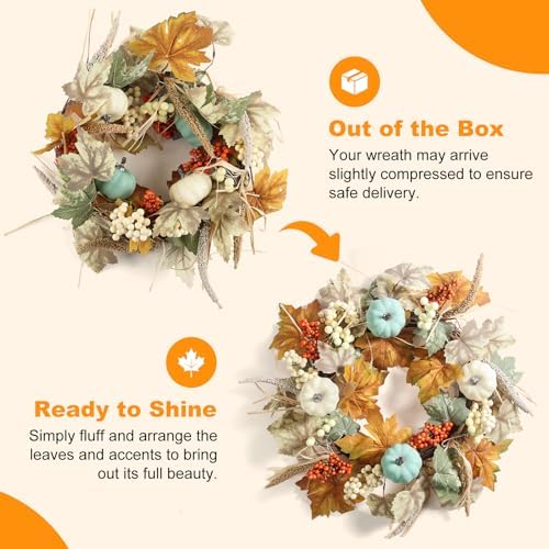 Fall Wreaths for Front Door 20in, Artificial Autumn Leaves Blue Pumpkins Orange Berries, Farmhouse Fall Wreath, Autumn Wreath, Blue Fall Wreath for Thanksgiving Wall - Image 4