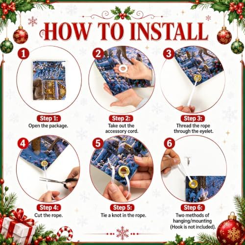 Christmas Garage Door Banner 157.5 x 70.9 in, Snowy Winter Forest Christmas Garage Door Cover with Christmas Tree Deer Cabin Scene, Holiday Outdoor Decorations for Home Yard, Includes 393.7 in Rope and 10 Reinforced Grommets - Image 5