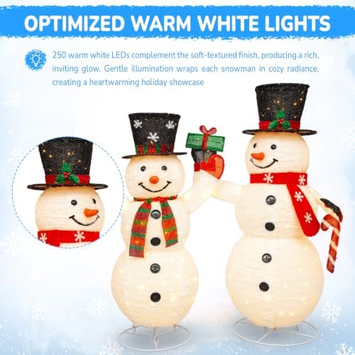 Hykolity 3.7 FT Collapsible Pop-Up 3D Lighted Snowman Family Set of 3, Outdoor Christmas Snowman Decorations with 250 Warm White LED Lights for Yard, Lawn and Porch - Image 3