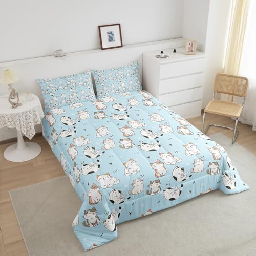 Erosebridal Cat Duvet Insert King, Kawaii Garfield Cat Bedding Set for Kids Boys Girls, Paw Print Love Heart Comforter Set, Cartoon Animals Soft Quilt 3 Pieces, Blue - Image 3