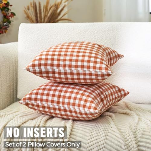 Fall Orange Plaid Gingham Euro Pillow Sham Covers 26x26 Set of 2 for Couch - Image 2
