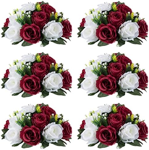 NUPTIO Flower Wedding Centrepieces for Tables - 6 Pcs 9.5in Diameter Burgundy & White Artificial Flowers Rose Ball for Centerpieces Table - Fake Rose Arrangements for Weddings Birthday Party Decor by Nuptio