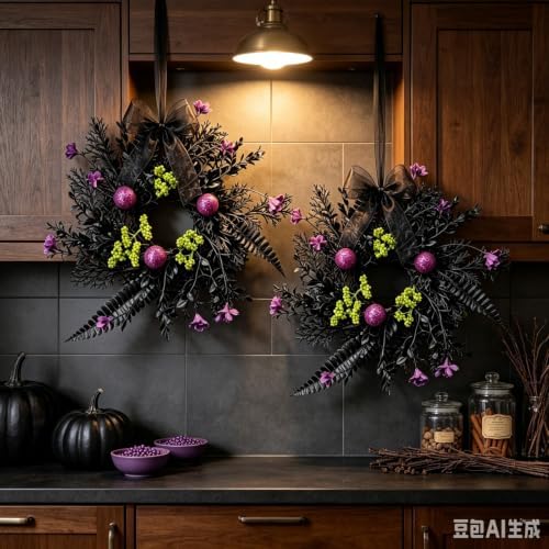 6 Pcs Small Halloween Hanging Wreaths with Black Fern Foliage Purple Glitter Balls Lime Green Berry Clusters Purple Flowers Black Sheer Bow Gothic Mini Cabinet Wreath for Home Kitchen Halloween Party - Image 7