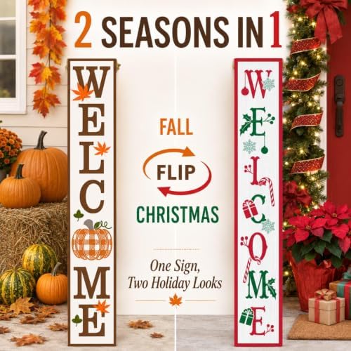 One-Piece Reversible Fall Christmas Welcome Sign, Porch Decor - Image 4