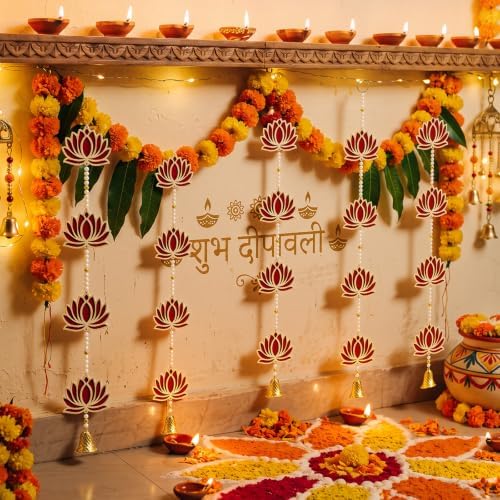 Wonderjune 4 Pcs Diwali Lotus Garland Wooden Hanging Decor for Pooja,Wall - Image 6