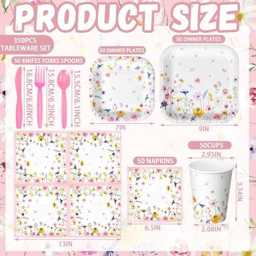 350 Pcs Wildflower Paper Plates and Napkins Set Disposable Serve 50 - Image 2