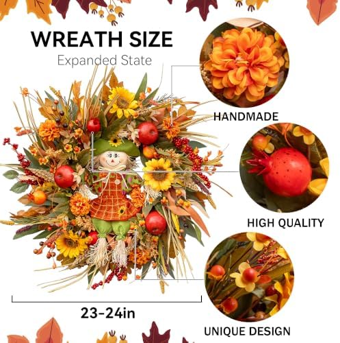 Fall Wreath for Front Door, 24 Inch Autumn Wreath for Front Door - Image 2