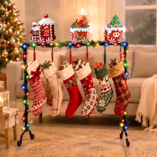 Treela Christmas Metal Stocking Holder Stand Floor 6 Hooks,Gingerbread - Image 4