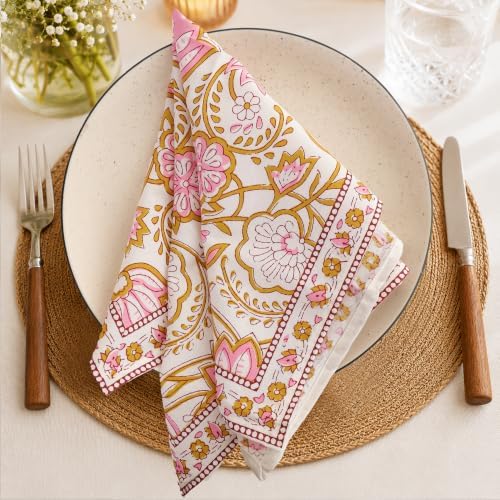 Floral Cloth Napkins Set of 12, Block Print Inspired 100% Cotton Dinner Napkins for Thanksgiving, Christmas & Fall, Reusable Wedding Linens, 18 x 18 Inch, Blush Pink Floral - Image 5