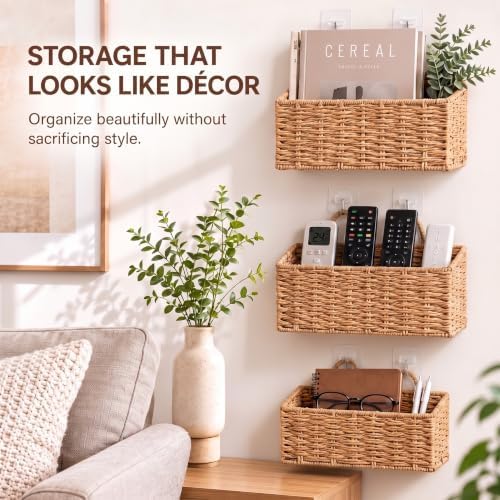 3 Pcs Wall Hanging Baskets,Rectangle,Natural Tan,Paper Cord - Image 5
