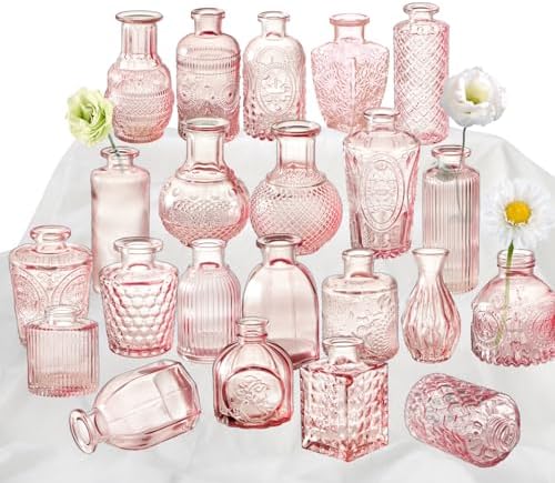 Pink Glass Bud Vase Set of 22, Small Vases for Flowers, Clear Glass Vases for Centerpieces, Mini Bud Vases in Bulk Rustic Wedding Decorations, Centerpieces, Vintage Look Home Table Flower Decor by KAMJUNTAR
