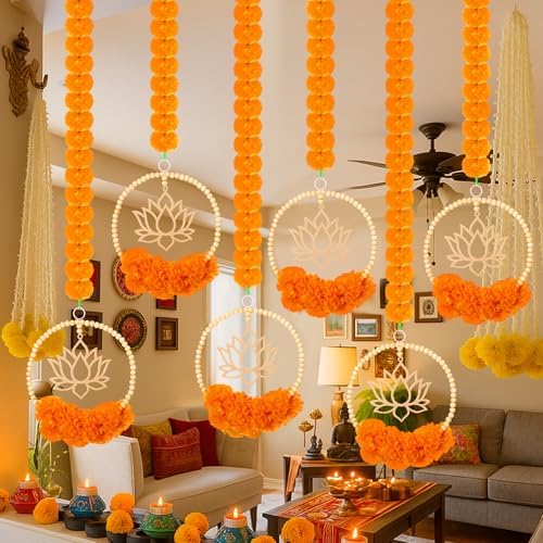 Unbranded 5 Pcs 69.6in Artificial Marigold Garland, Lotus Bead Diwali Decor - Image 2