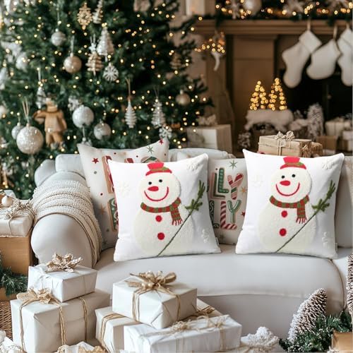 Set of 2 Christmas Throw Pillow Covers Embroidery Farmhouse Decorations Holiday Decor Throw Cushion Case for Winter Home Couch (Snowman) - Image 2