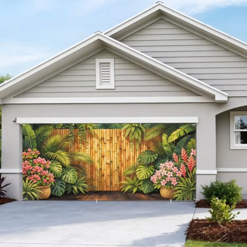 6X13FT Summer Bamboo Fence Tropical FlowersGarage Door Cover Decorations Tropical Leaves Garage Door Banner for Outdoor Indoor Summer Party Photography Backdrop - Image 7