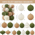30pcs Velvet Christmas Ball Ornaments, Flocked Shatterproof Christmas Ornaments Hanging Xmas Tree Decorations Set for Home Party Holiday Decor (Multi-Size, Brown-Green-Cream) - Image 2