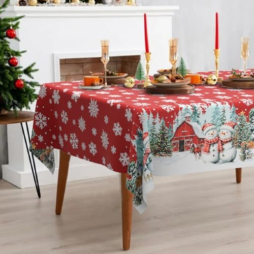 Rectangle Christmas Tablecloth 60x102 Inch, Farmhouse Red Snowman Snowflake Christmas Table Cloth, Polyester Waterproof Wrinkle Resistant Xmas Tables Cover for Holidays Kitchen Dinning Home Decor - Image 3