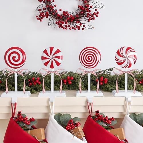 Christmas Stocking Holders for Mantle: Red White Peppermint Candy Stocking Holder Stand Set of 4, Metal Stocking Hangers Decorative Hooks for Xmas Home Decor, Fireplace Window Accessories - Image 4