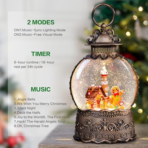Christmas Snow Globes Lantern, Gingerbread Man Musical Snow Globes with Swirling Glitter Effects, USB/Battery Powered with 6-Hour Timer, Christmas Decorations - Image 3