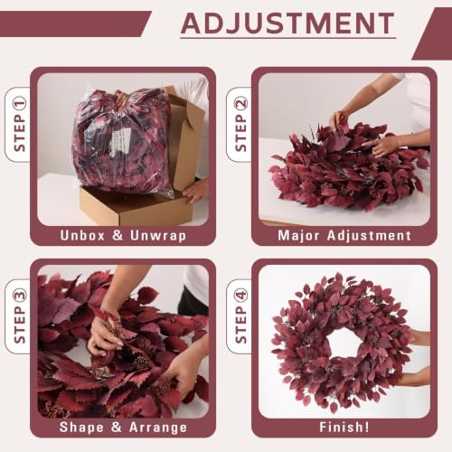 26" Artificial Hibiscus Leaves Fall Wreath for Front Door Decor(Autumn Red) - Image 5