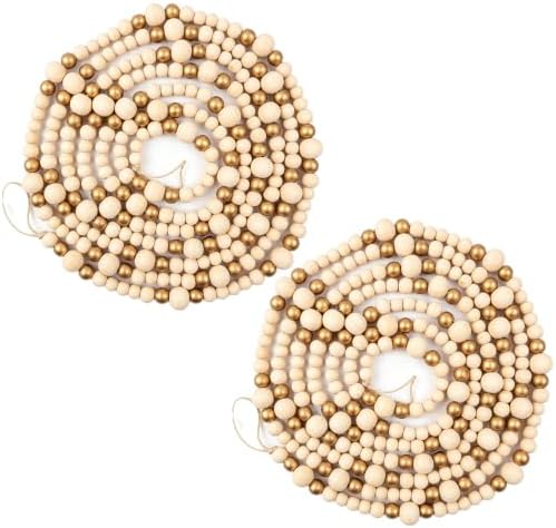 CRTEPST 2PCS Christmas Wood Beads Garland 24 Feet Wooden Bead Garland Boho Ornaments for Christmas Tree, Xmas Vintage Rustic Farmhouse Round Craft Bead Hanging Holiday Decorations(Gold+Wooden) by CRTEPST