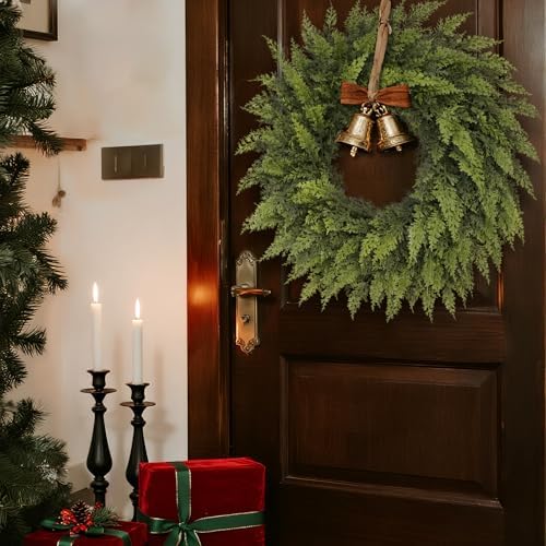 24" Lifelike Touch Artificial Christmas Cedar Wreath for Front Door Decor - Image 3